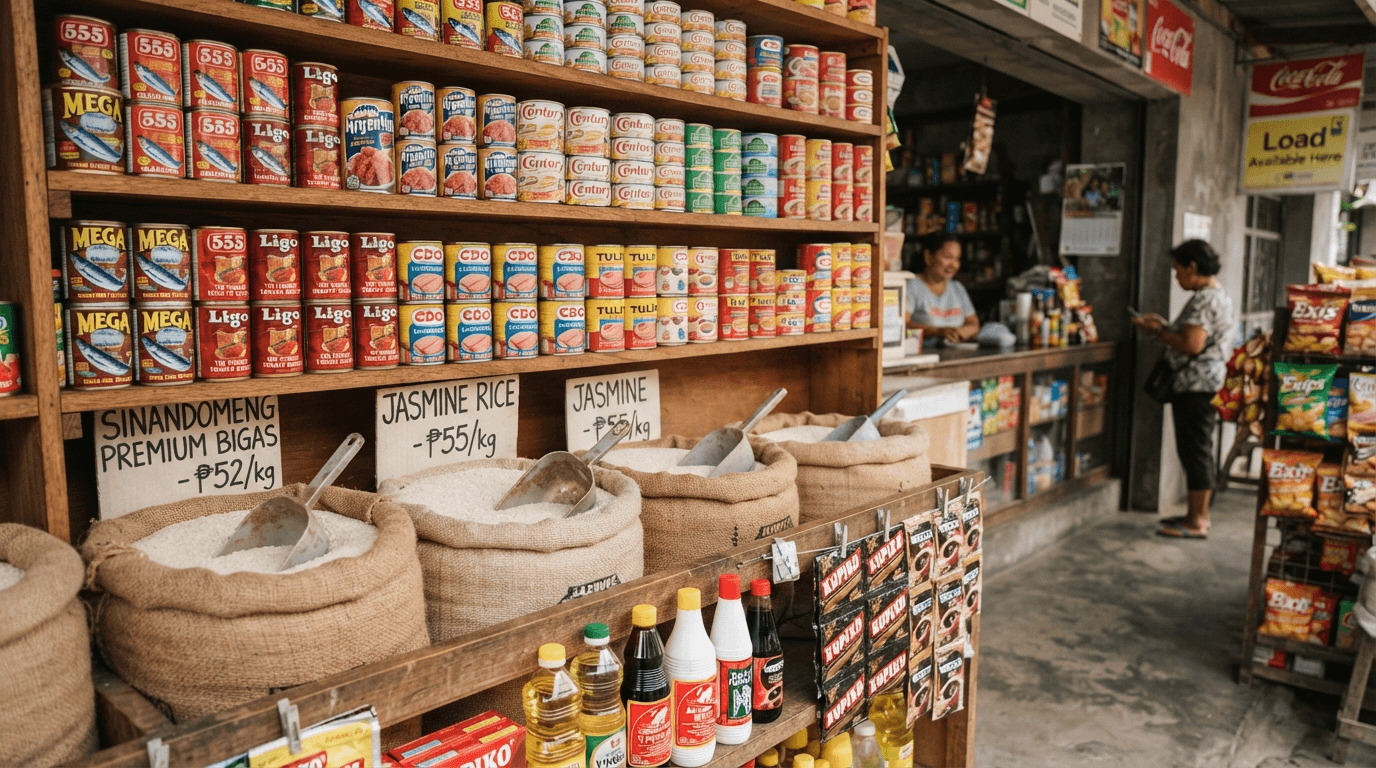 Sari-sari store shelves with canned goods and sacks of rice with price signs