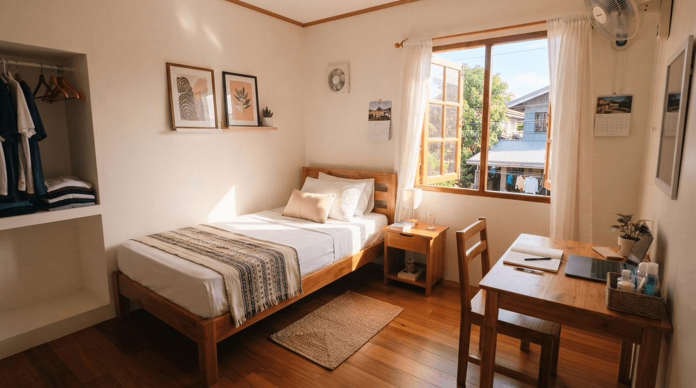 Bright, clean boarding house room with a bed, desk, and window