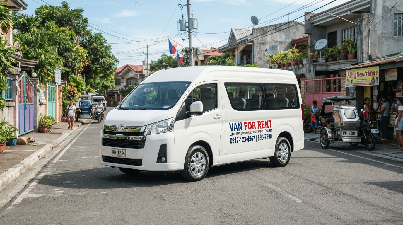White commuter van for rent parked on a neighborhood street