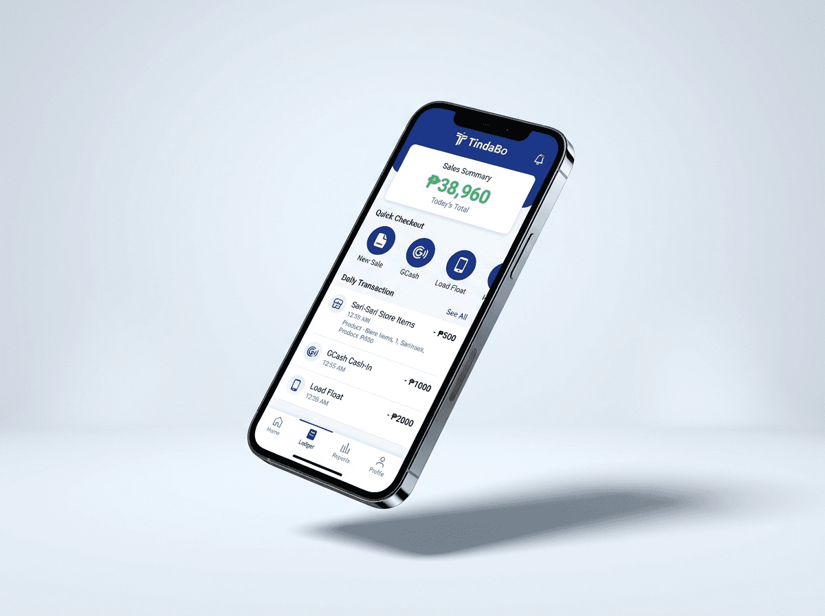 Listana app on a phone showing today's sales summary with GCash cash-in and load float transactions