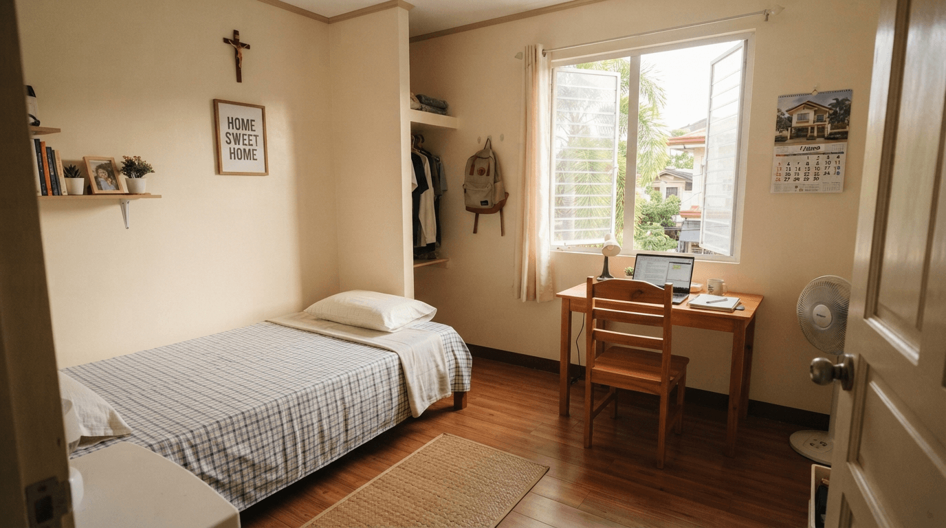 Cozy boarding house room for rent with a bed, study desk, and window