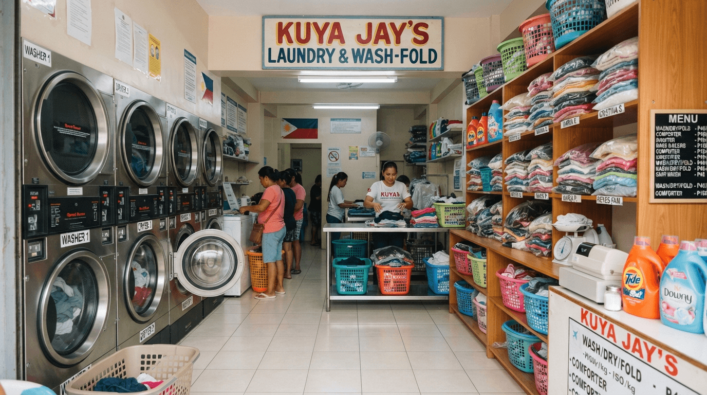Kuya Jay's Laundry & Wash-Fold shop with washers, laundry baskets, and shelves of folded laundry