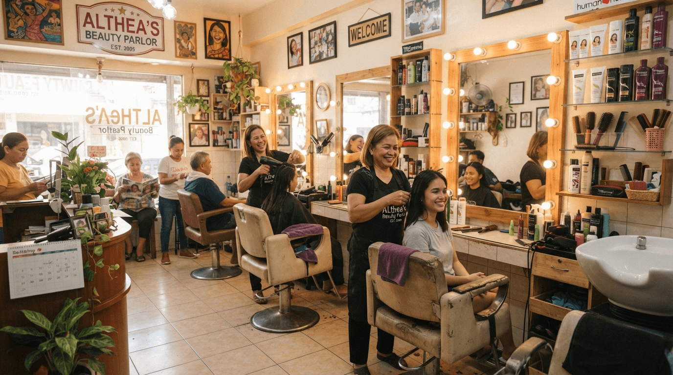 Althea's Beauty Parlor with stylists attending customers at salon chairs and mirrors