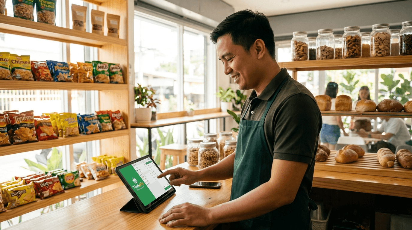 Bakeshop owner checking the daily sales dashboard on a tablet