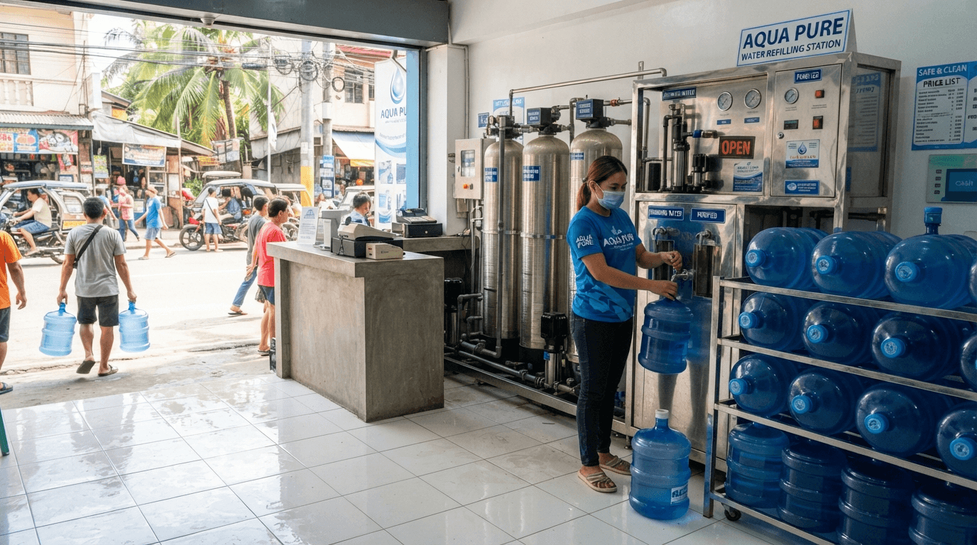 Aqua Pure water refilling station attendant filling a blue 5-gallon container